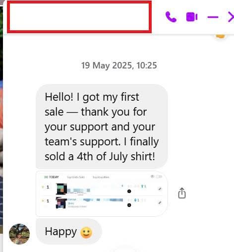 Customer message thanking Sonny after receiving their first Amazon Merch sale