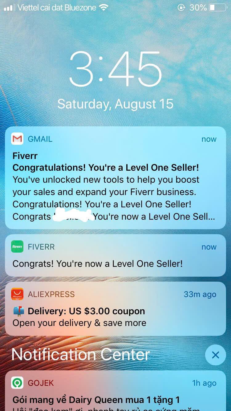 Fiverr Level One achievement and freelance history